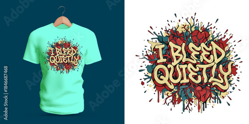 Vector T-shirt artwork with emotional graffiti lettering “I BLED QUIETLY,” illustrated with bleeding heart elements, textured strokes, and dramatic color effects portraying pain, vulnerability