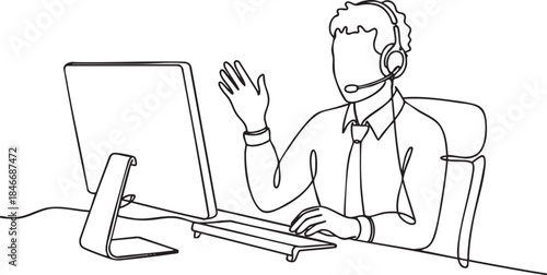 Continuous single line drawing of a customer service representative working at a computer in a focused modern outline style, vector illustration
