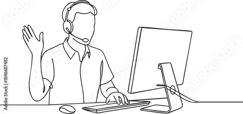 Continuous single line drawing of a customer service representative working at a computer in a focused modern outline style, vector illustration