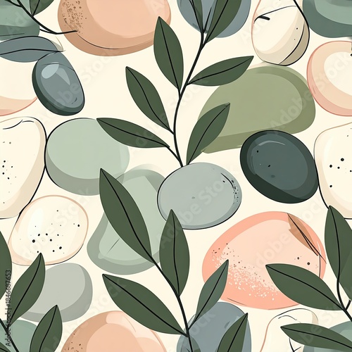 Seamless Pattern with Abstract Stones and Leaves in Earthy Pastel Tones
