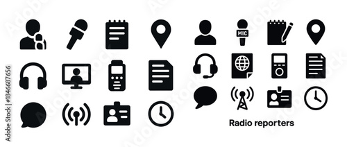 Icon set for radio reporters: microphone, headphones, document,