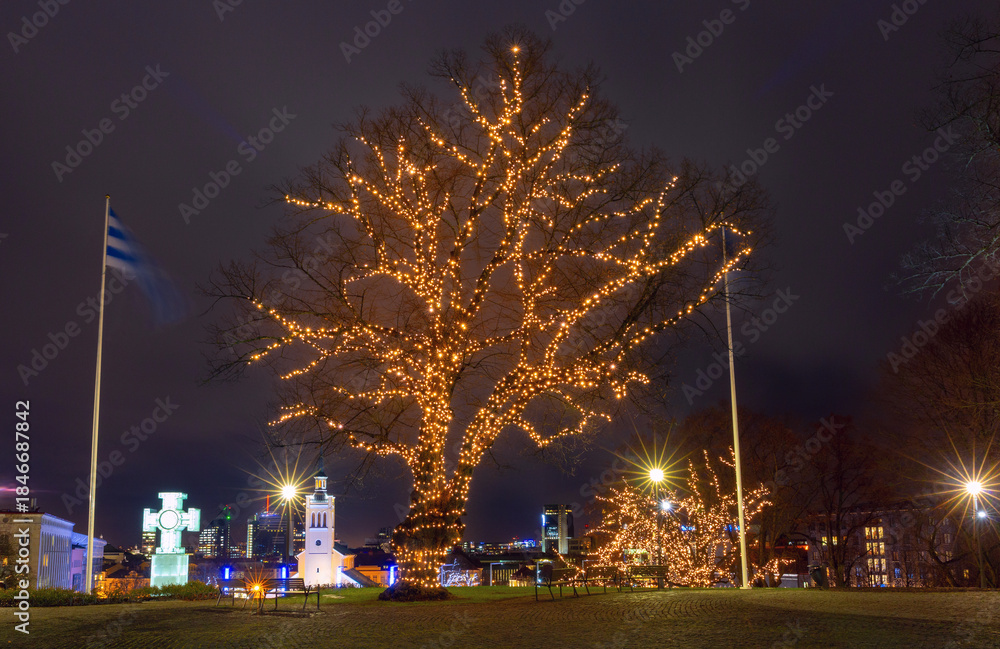 Naklejka premium Tallinn Liberty Square with illuminated trees and Victory Column at night in Tallinn, Estonia