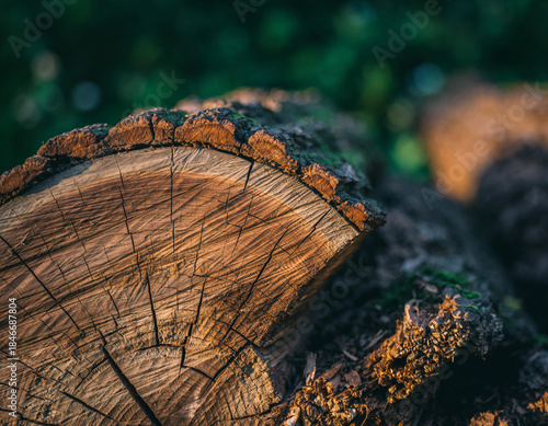 Wood log cross-section detail: Annual rings and natural timber texture highlighted by golden hour sunlight.