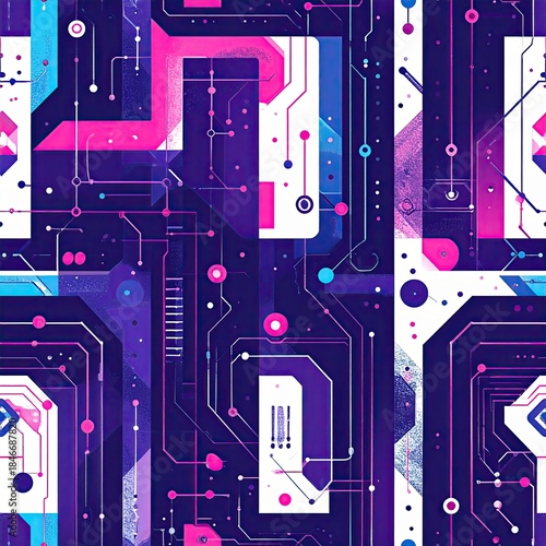 Abstract Circuit Board Pattern with Neon Lights in Pink, Blue, and Purple
