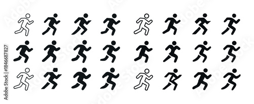 Silhouette icons of running figures in various styles - active p