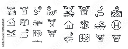 Drone delivery icons line art set: packages, maps, and routes