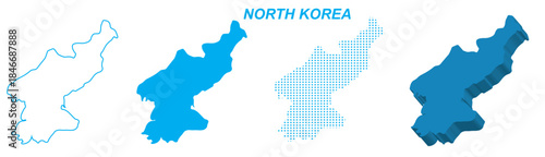 North Korea Map Vector Set, East Asia Outline Silhouette Dotted 3D Solid Shapes, North Korea Country Infographic Template, Editable EPS North Korea Geography