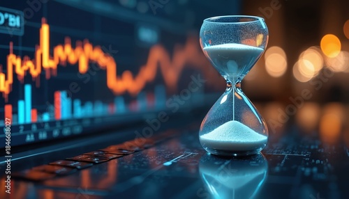 Hourglass stands on laptop with financial chart. Concept shows time versus trading. Data analysis, deadline, investment, forecasts, efficiency, strategy. Visualization of timing in stock market.