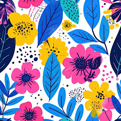 Bright Floral Pattern with Blue Leaves, Pink and Yellow Flowers on White Background