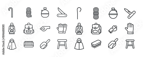 Camping essentials icons: gear, tools, and accessories in simple
