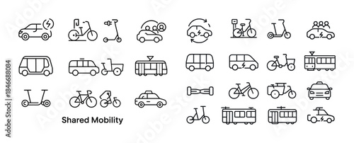 Shared mobility icons: electric cars, scooters, bicycles, public
