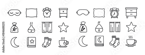 Sleep essentials icons: pillows, alarm clocks, eye masks, nights