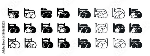 Icon set of cats sleeping in beds: diverse styles and designs