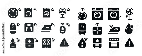 Smart home appliance icons: thermostat, washer, fan, vacuum, air