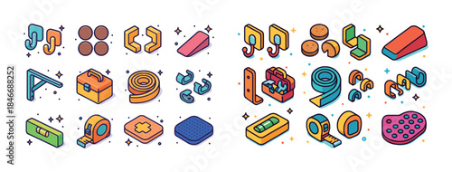 Colorful set of isometric punctuation and tool icons with geomet