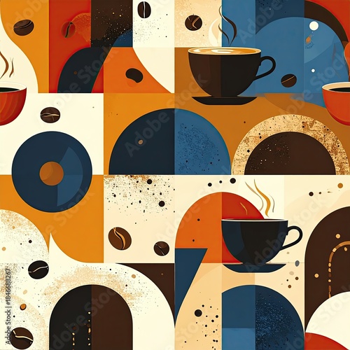 Geometric Coffee Cup Pattern, Seamless Retro Design with Warm Colors and Coffee Steam