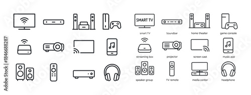 Modern home entertainment icons: smart tv, soundbar, game consol