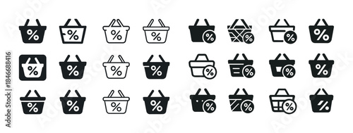 Black and white shopping basket icons with percentage symbols