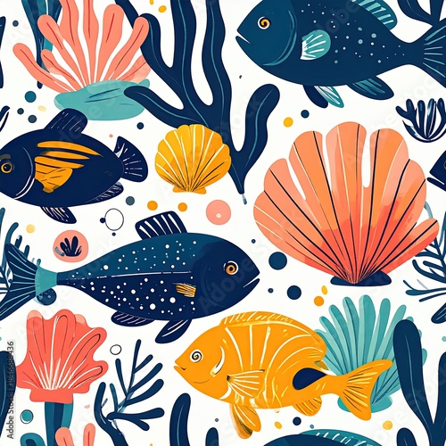 Vibrant Seamless Pattern with Fish, Seaweed, and Shells on White Background