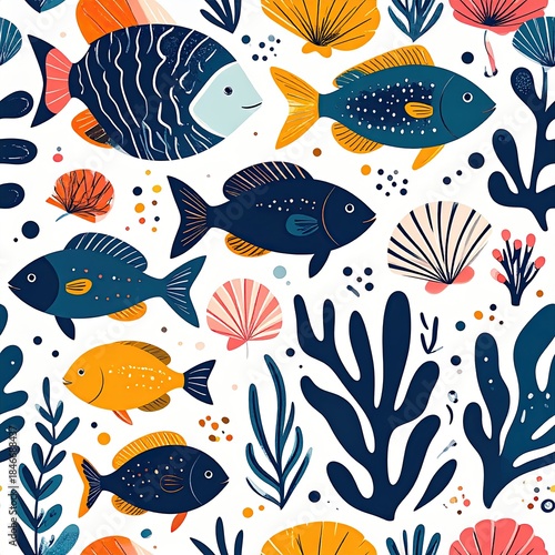 Seamless Pattern with Colorful Fish, Seaweed, and Shells on White Background
