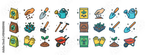 Colorful gardening tools and plants icon set for digital design