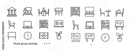 Study group settings: icons of desks, chairs, laptops, and books
