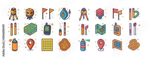 Colorful isometric surveying tools and maps collection