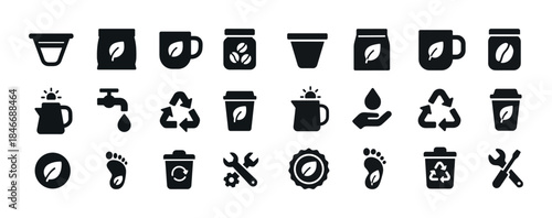Eco-friendly icons set featuring recycling, coffee, and sustaina