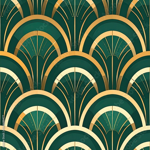 Art Deco Seamless Pattern with Green and Gold Arches on Dark Green Background
