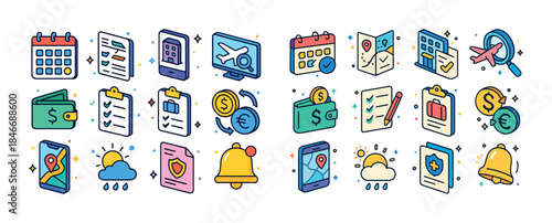 Colorful icon set featuring travel, finance, weather, and naviga