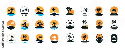 Tropical sunset beach icons with palm trees and ocean waves in v