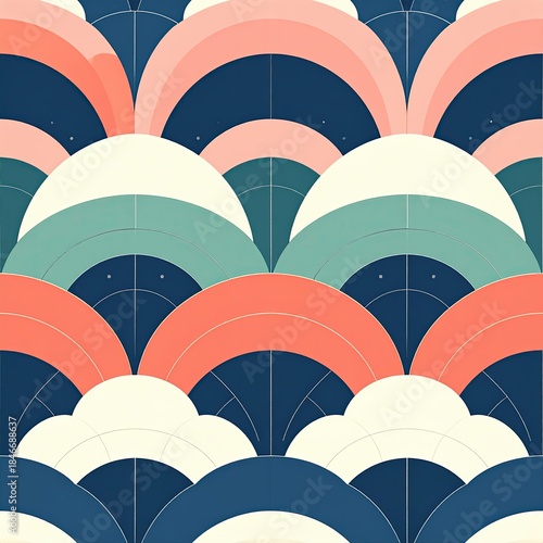 Stylish Seamless Pattern with Retro Arcs in Coral, Teal, Cream and Navy Blue