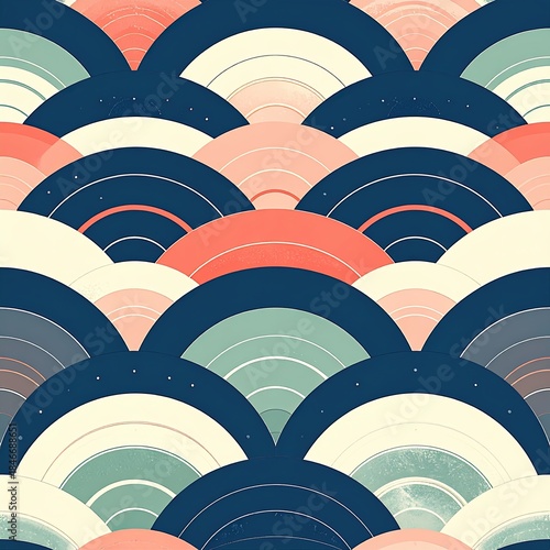 Trendy Seamless Pattern with Retro Arcs in Navy, Coral, Teal and Cream Colors