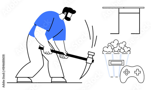 Workplace diversity, productivity, leisure, contrast, gaming culture, modern lifestyle. Man holding a pickaxe, desk popcorn and controller . Productivity and leisure concept