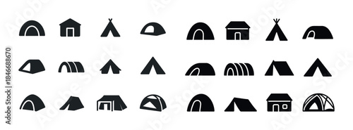 Variety of tent icons: dome, a-frame, teepee, geodesic