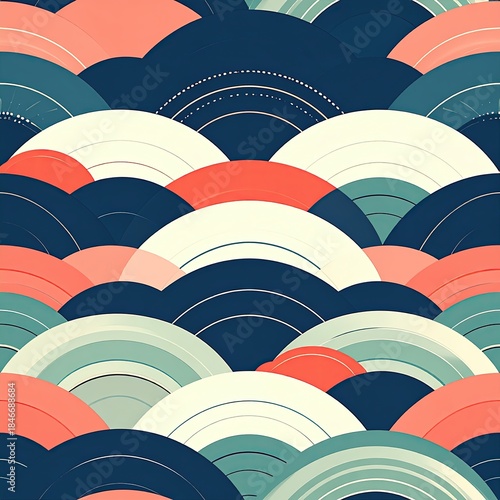 Seamless Pattern with Retro Arcs in Navy, Coral, Teal and Cream Colors