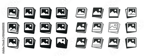 Set of monochrome image icons depicting landscapes and photo sta