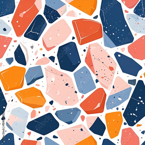 Seamless Terrazzo Pattern with Navy, Coral, Orange, and White Stone Fragments