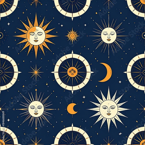 Seamless Celestial Pattern with Sun, Moon, Stars on Dark Blue Background