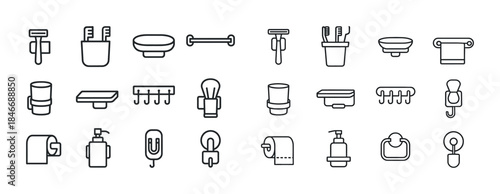 Minimalist bathroom icon set: toothbrush holders, soap dishes, t