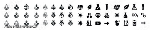 Sustainable energy and science icon set: solar, plant, lab, batt