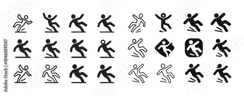 Set of diverse running and falling icons in various styles