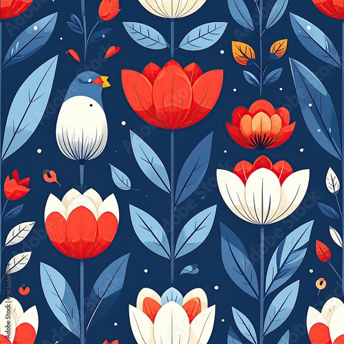 Floral Seamless Pattern with Bird, Red Tulips, and Blue Leaves on Dark Blue Background