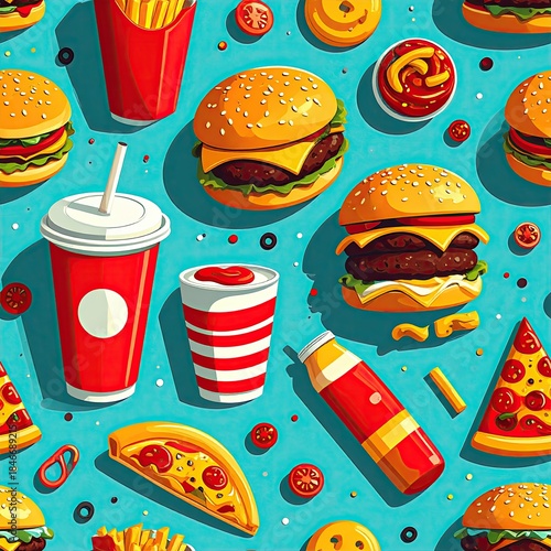 Vibrant Seamless Pattern of Fast Food: Burgers, Pizza, Drinks on Blue Background