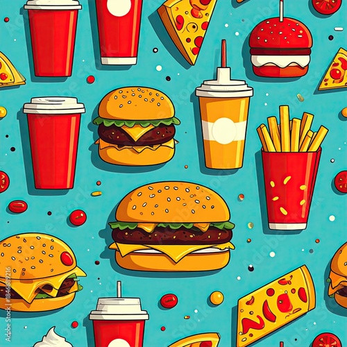 Seamless Fast Food Pattern: Burgers, Pizza, Drinks, and Fries on a Blue Background