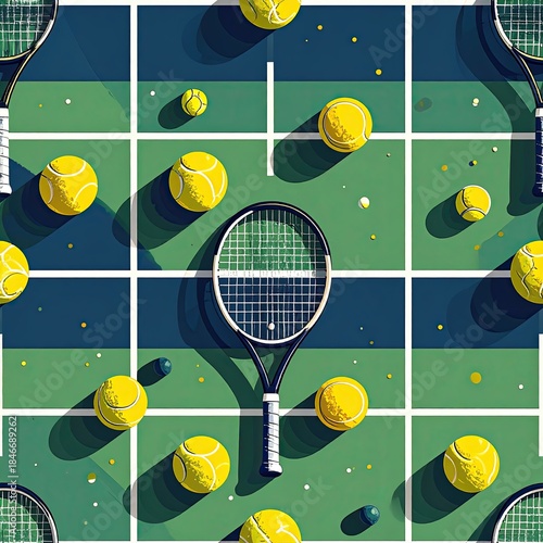 Seamless Tennis Pattern with Rackets and Balls on a Green Court Background