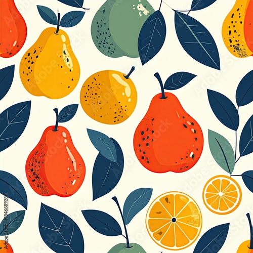 Seamless Pattern of Pears, Oranges, and Leaves on a Cream Background