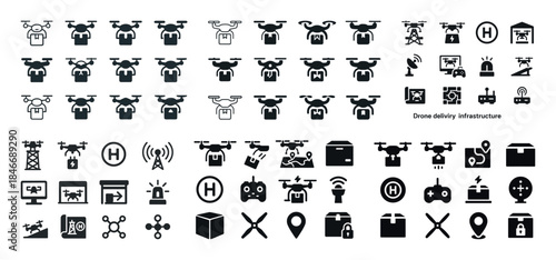 Drone delivery icons: infrastructure, technology, aerial transpo