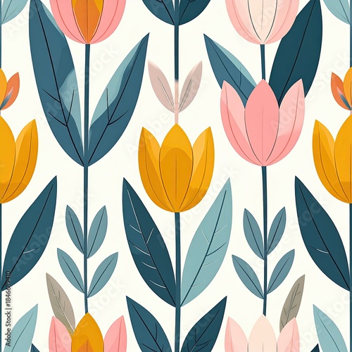 Retro Floral Seamless Pattern: Stylized Tulips, Leaves, Geometric Design, Spring
