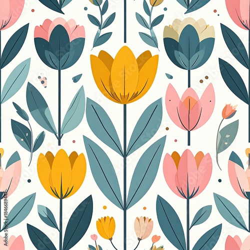 Retro Floral Seamless Pattern: Stylized Tulips, Leaves, Geometric Design, Spring